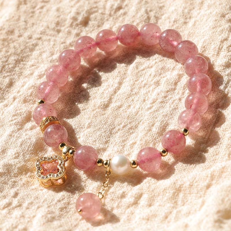 Strawberry Quartz Healing Bracelet with Pearl Clover Charm