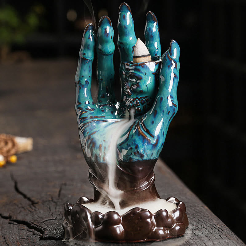 Brown Ceramic Incense Burner Skull Hand Decoration