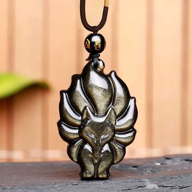 Natural Rainbow Obsidian Nine Tailed Fox Pendant