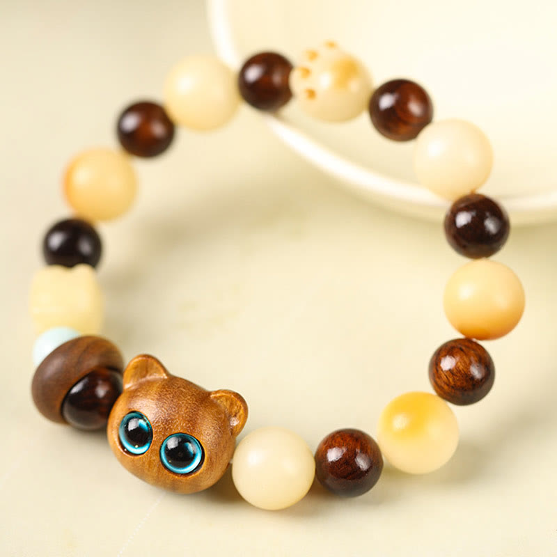 Bodhi Seed Sandalwood Cat Peace Bracelet 14-17cm Unisex