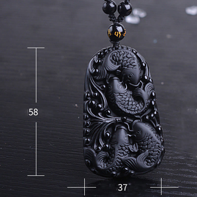 Black Obsidian Koi Fish Strength Necklace Pendant