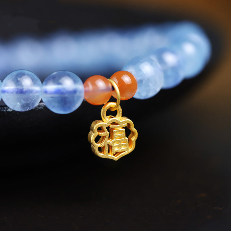 8mm Aquamarine and Red Agate Healing Charm Bracelet