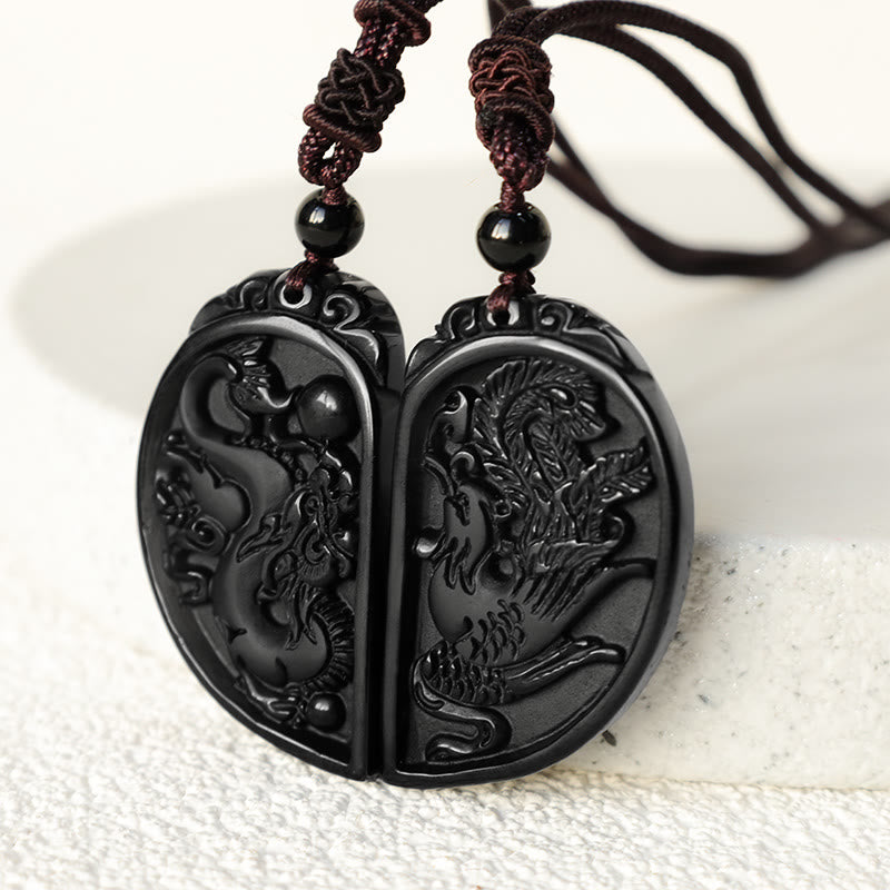 Obsidian Dragon Phoenix Love Protection Necklace