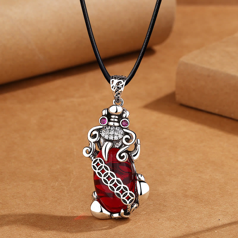 Pixiu Garnet Copper Coin Necklace for Wealth & Luck
