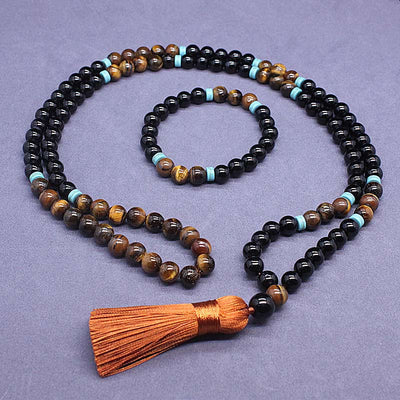 Mala-Set aus schwarzem Onyx-Edelstein für Schutz und Stärke