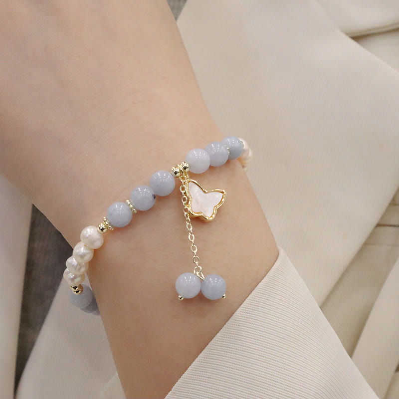 Aquamarine Pearl Healing Bracelet | Ginkgo Leaf & Butterfly Charm