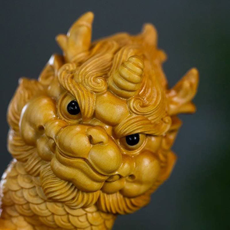 Feng Shui Kirin Buchsbaum Holzgravur Spirituelle Statue
