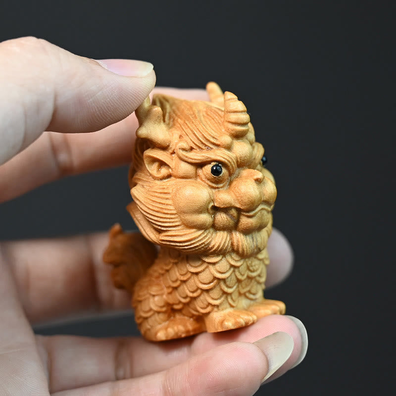 Feng Shui Kirin Buchsbaum Holzgravur Spirituelle Statue