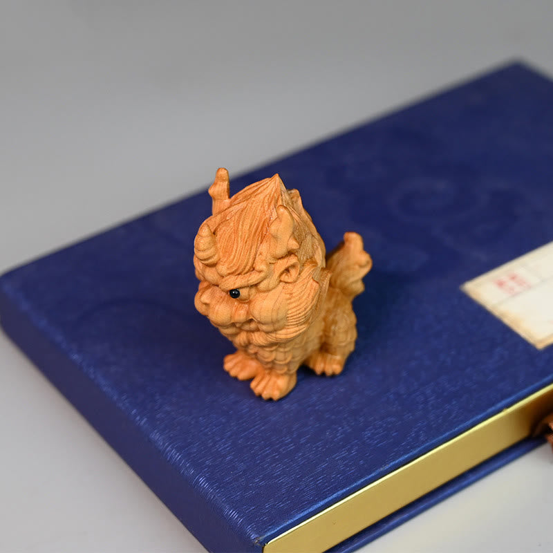 Feng Shui Kirin Buchsbaum Holzgravur Spirituelle Statue
