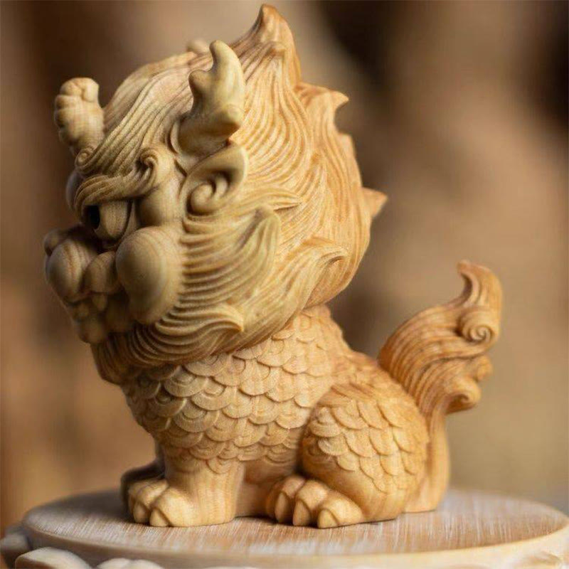 Feng Shui Kirin Buchsbaum Holzgravur Spirituelle Statue