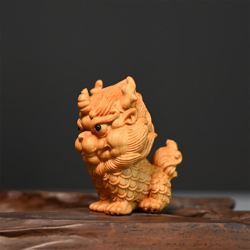 Feng Shui Kirin Buchsbaum Holzgravur Spirituelle Statue