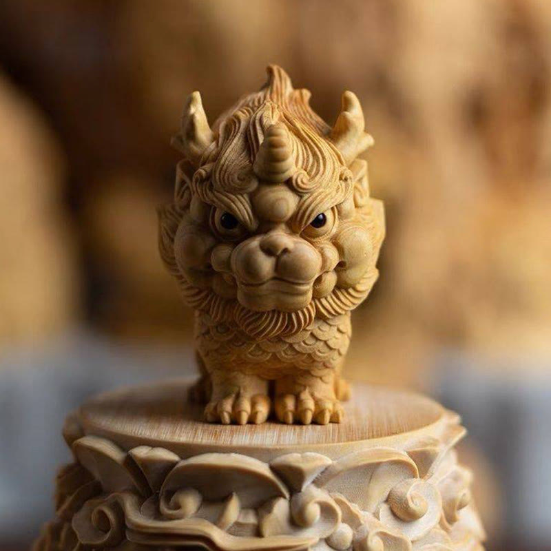 Feng Shui Kirin Buchsbaum Holzgravur Spirituelle Statue