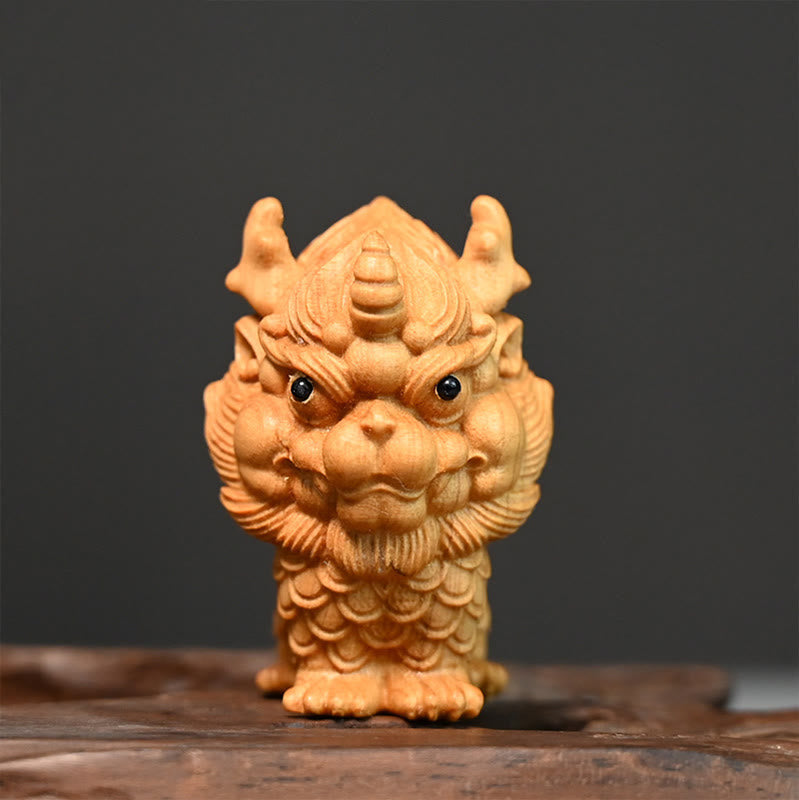 Feng Shui Kirin Buchsbaum Holzgravur Spirituelle Statue