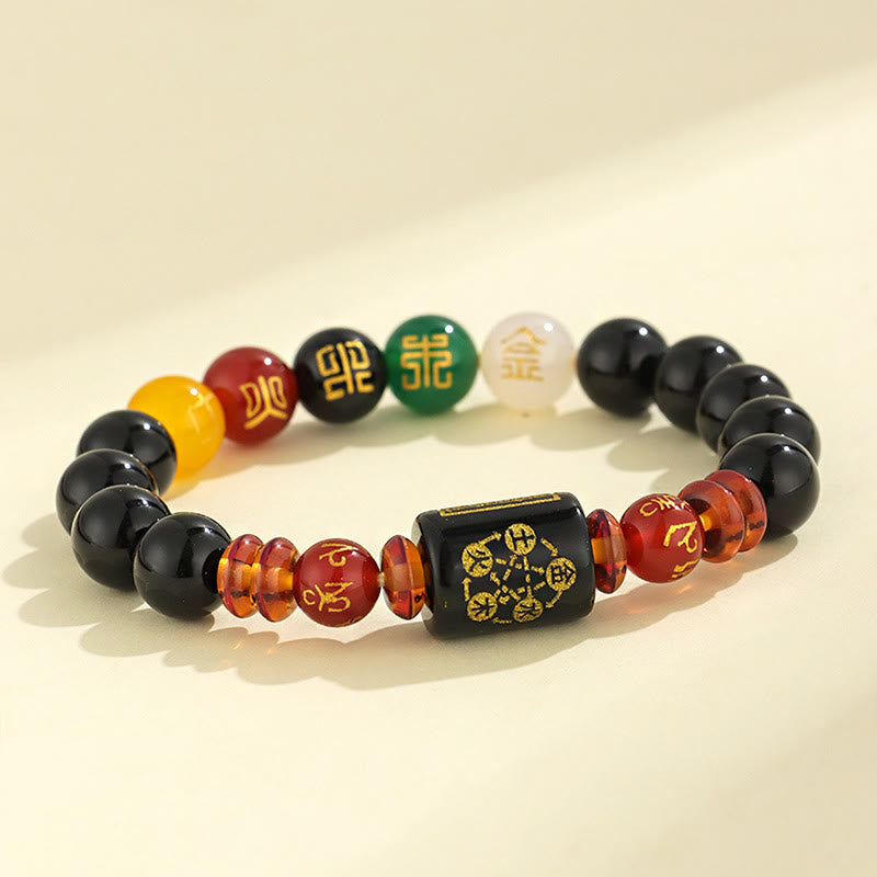 Fünf Elemente Schwarzes Onyx-Achat-Armband für Weisheit und Reichtum