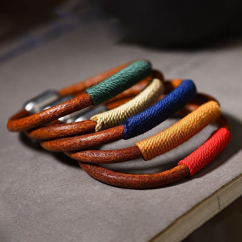 Spirituelles Armband mit fünf Elementen | Tibetisches Leder-Glücksgeflecht 19 cm