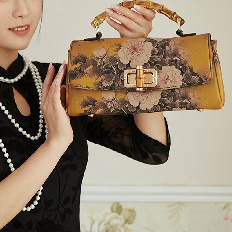 Umhängetasche mit Bambusgriff und Blumenmuster, 29 cm