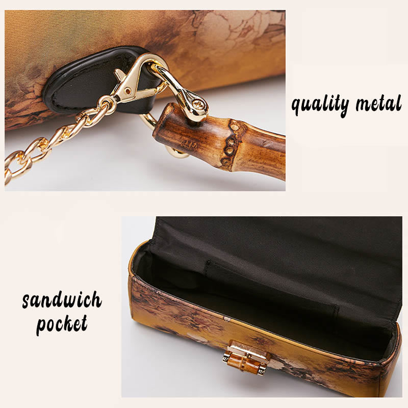 Umhängetasche mit Bambusgriff und Blumenmuster, 29 cm