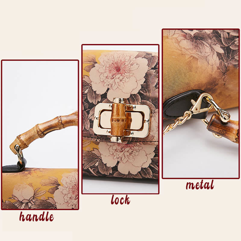 Umhängetasche mit Bambusgriff und Blumenmuster, 29 cm