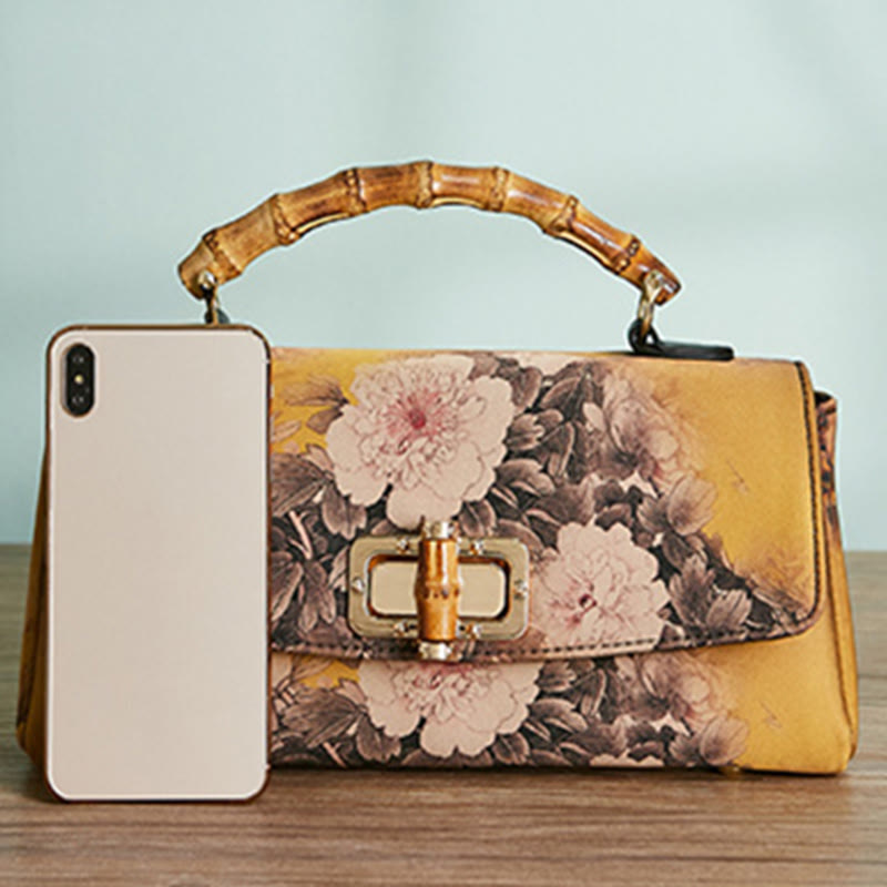 Umhängetasche mit Bambusgriff und Blumenmuster, 29 cm