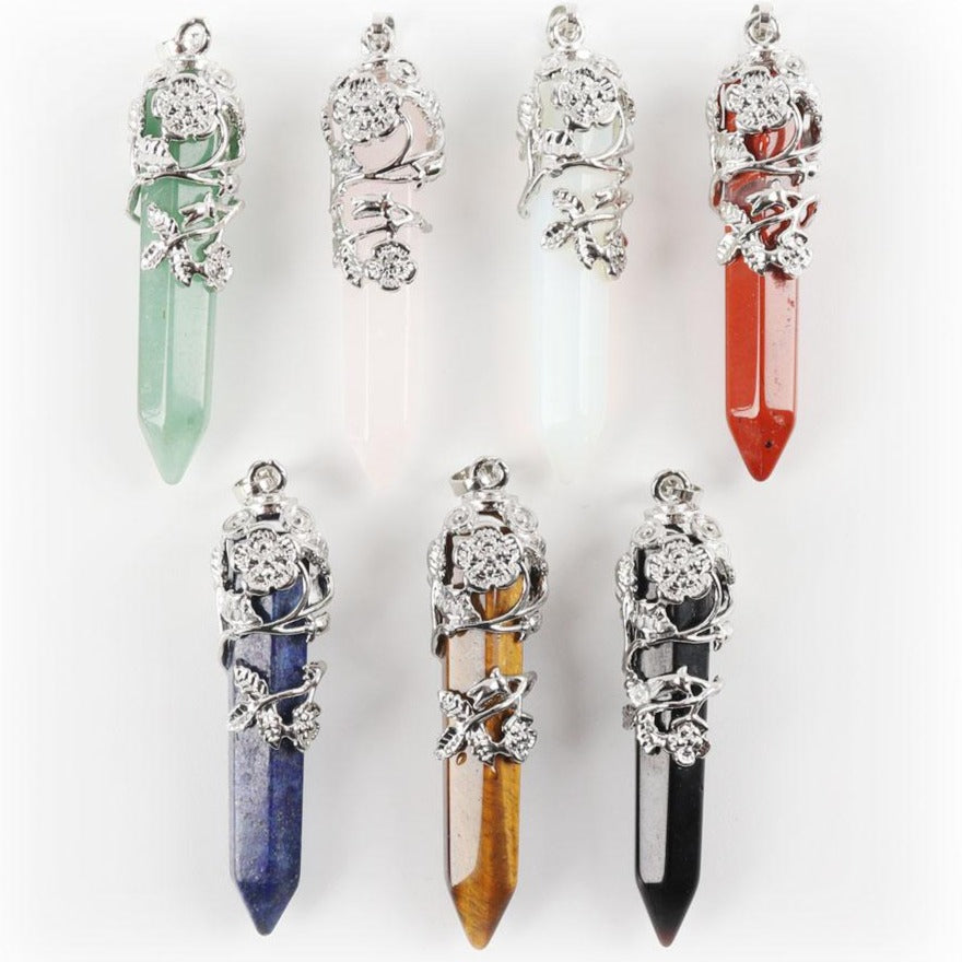 Flower Wrapped Rose Quartz Healing Crystal Pendant