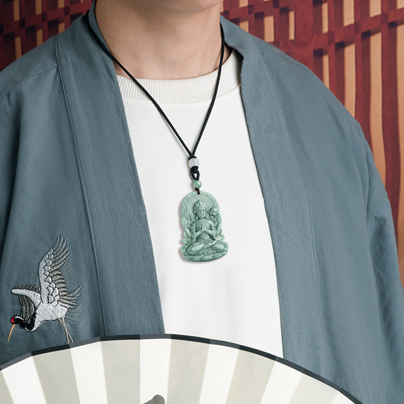 Vierarmige Avalokitesvara Jade-Amulett-Halskette für Segen