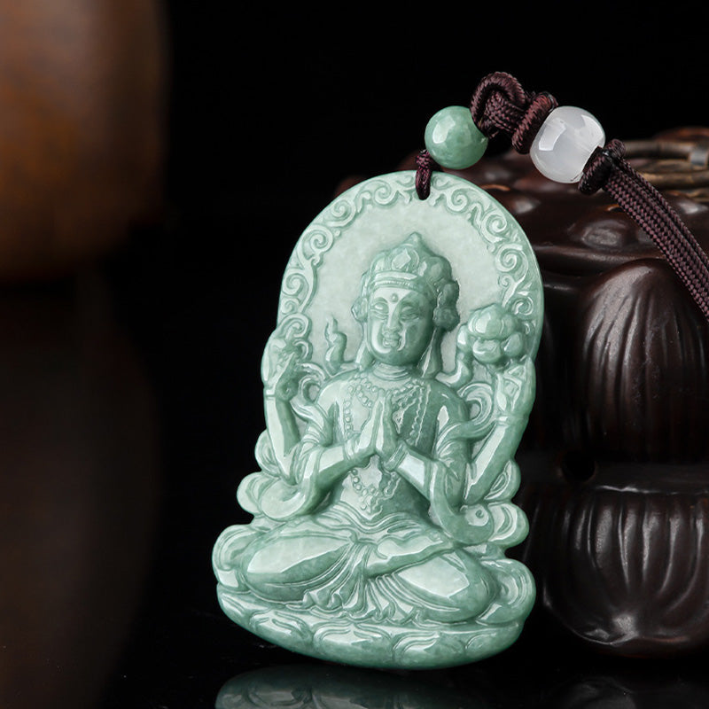 Vierarmige Avalokitesvara Jade-Amulett-Halskette für Segen