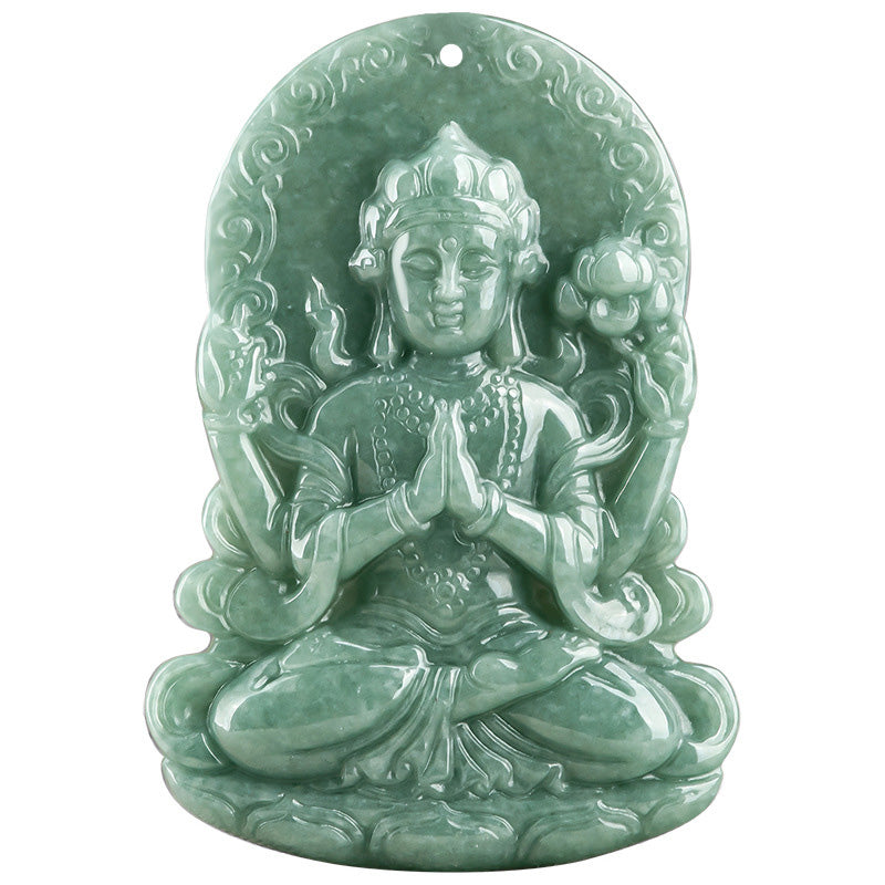 Vierarmige Avalokitesvara Jade-Amulett-Halskette für Segen