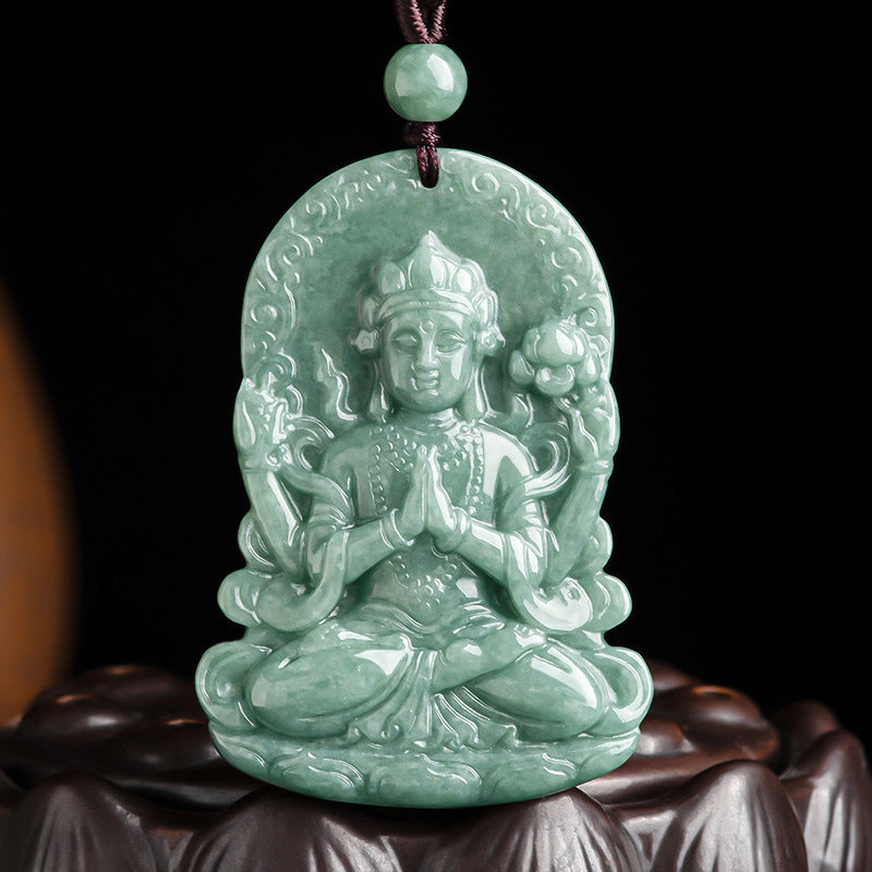 Vierarmige Avalokitesvara Jade-Amulett-Halskette für Segen