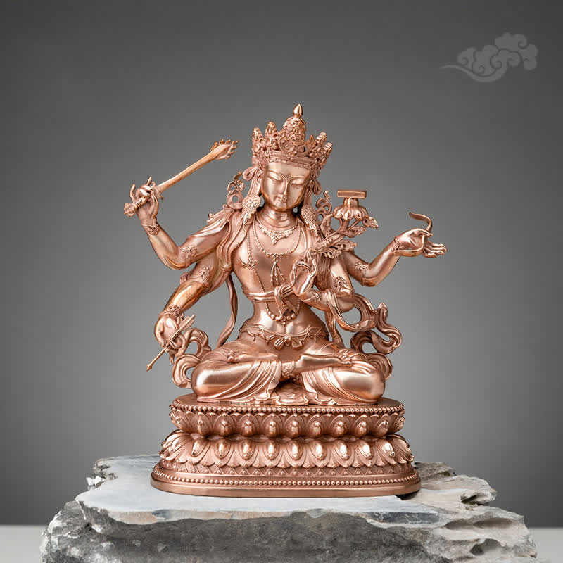 Vierarmige Manjusri-Buddha-Statue aus Kupfer, 10 cm, Meditation