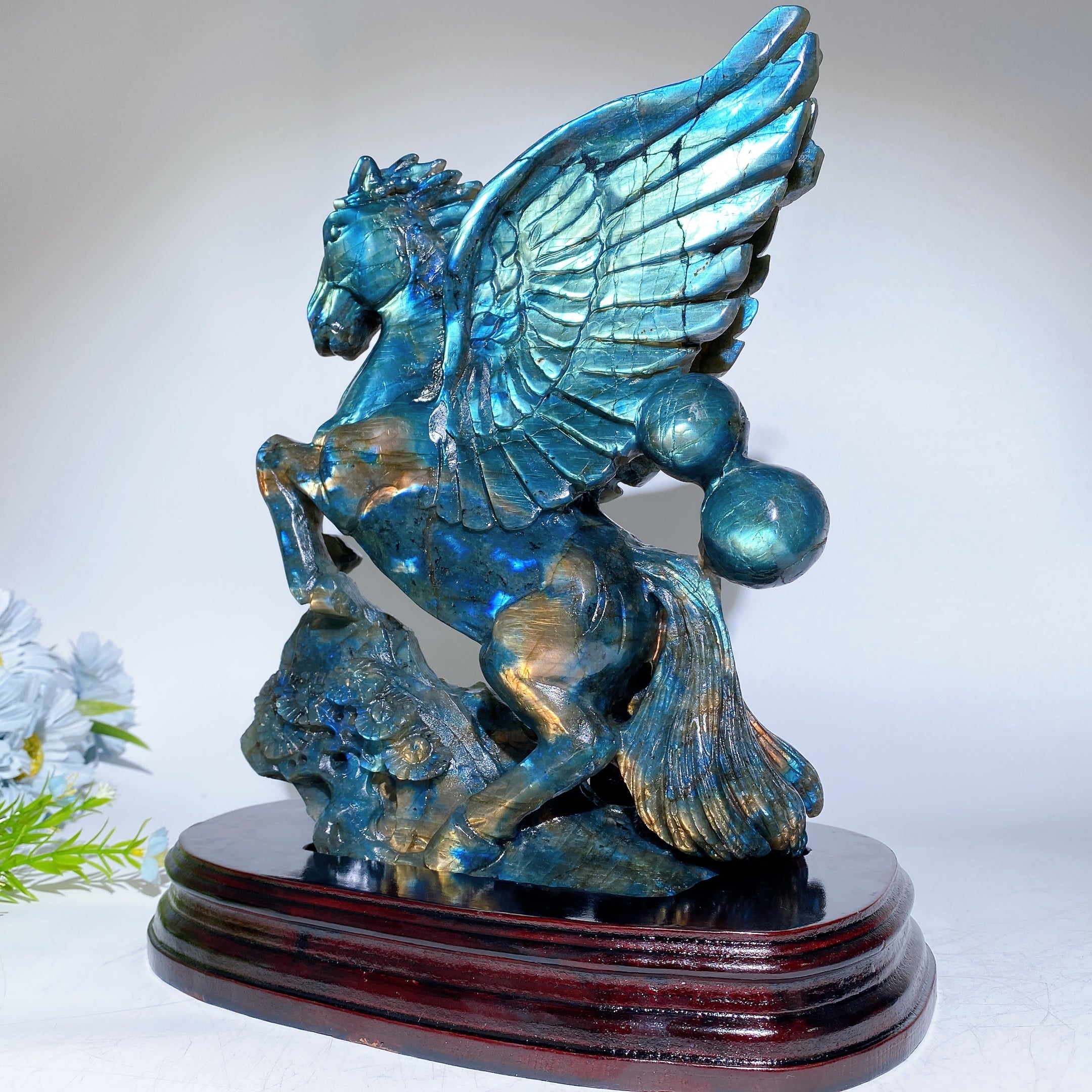 Full Flash Labradorite Crystal Unicorn Carving with Stand