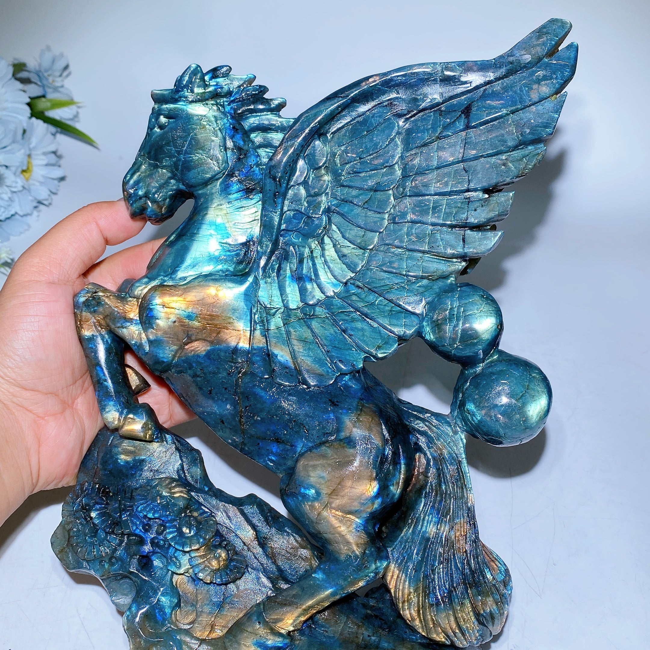 Full Flash Labradorite Crystal Unicorn Carving with Stand