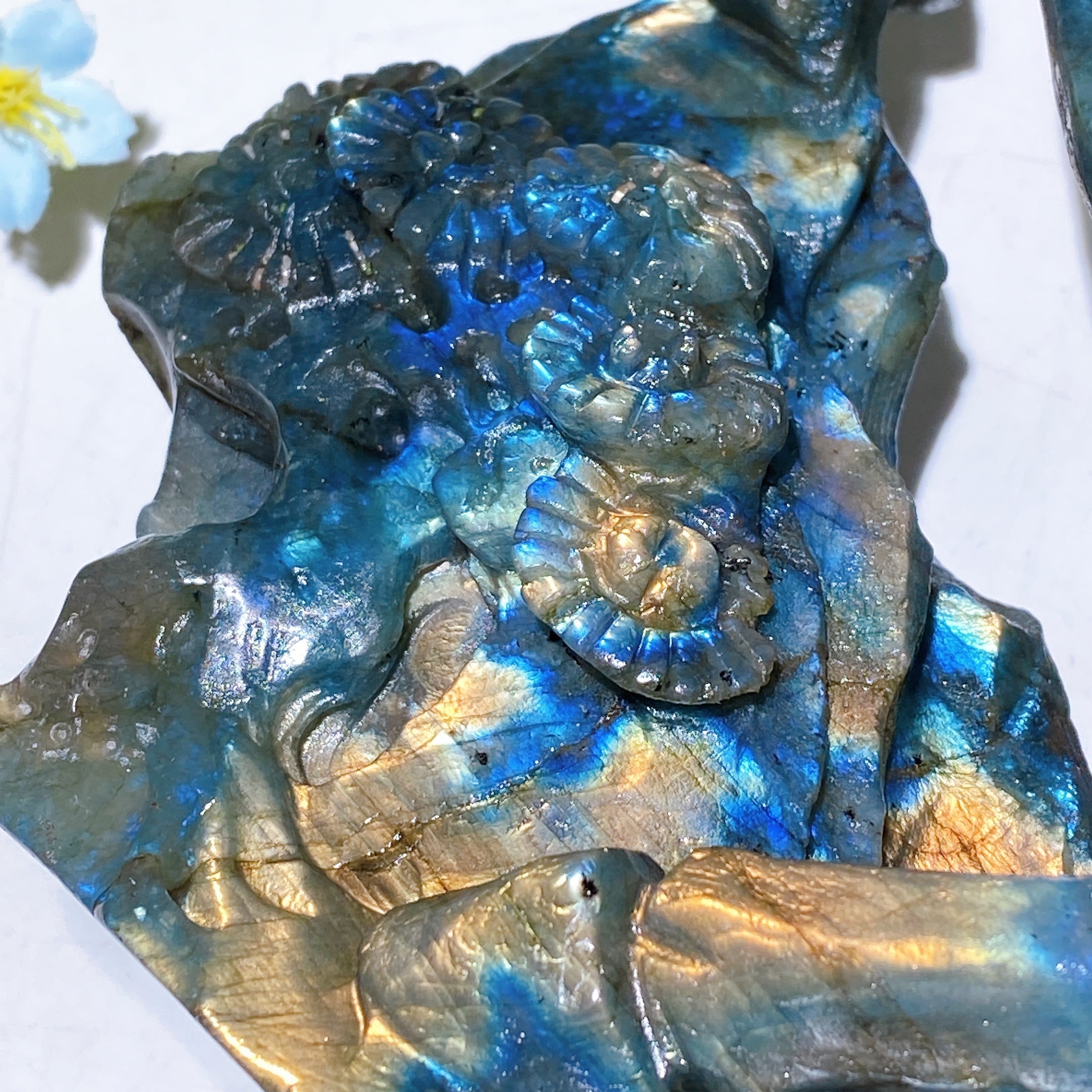 Full Flash Labradorite Crystal Unicorn Carving with Stand
