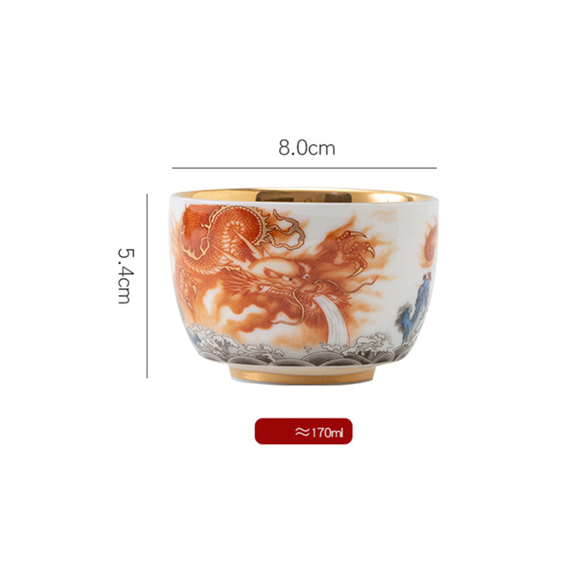 Vergoldete Keramik Teetasse mit Drachen- und Phönix-Kranich-Motiv, 170 ml, spirituell