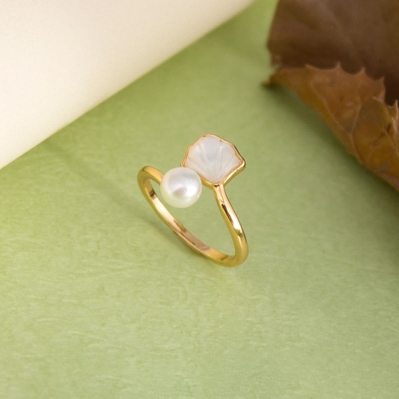 Schmuckset mit Ginkgo-Tridacna-Perlen und Kupferring, Ohrringen und Halskette