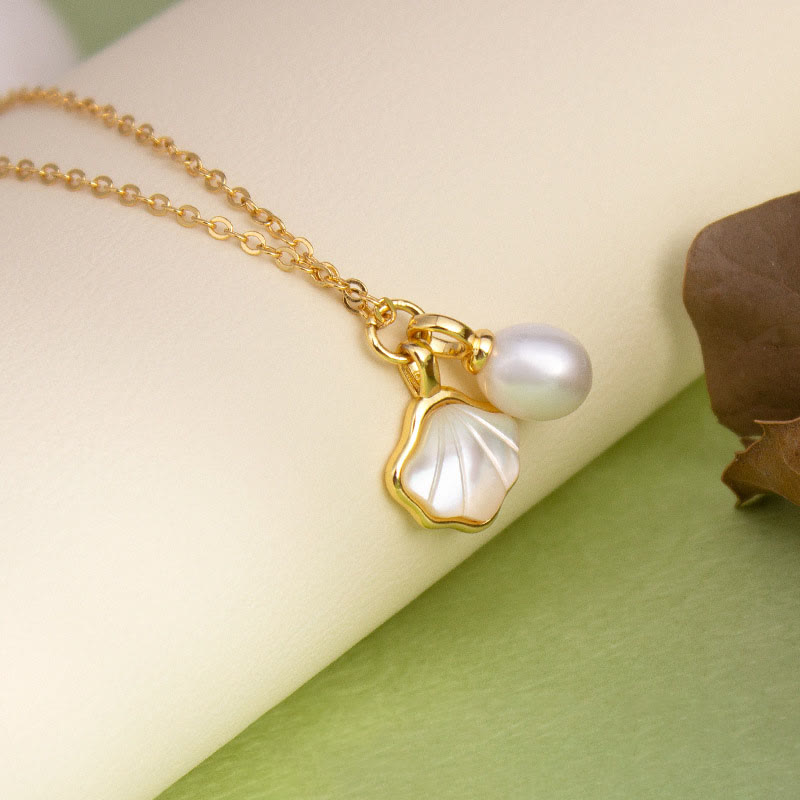 Schmuckset mit Ginkgo-Tridacna-Perlen und Kupferring, Ohrringen und Halskette