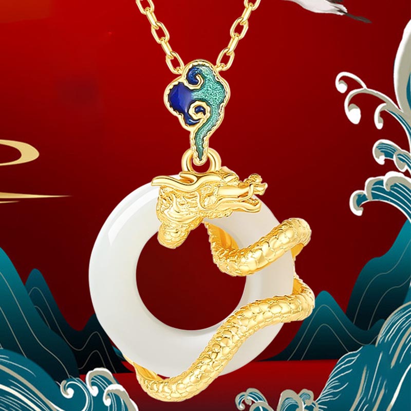 Goldener Drachen-Jade-Anhänger mit Peace-Schnalle aus weißer Hetian-Jade