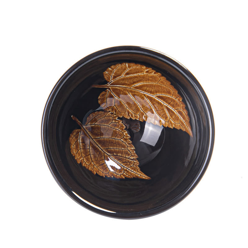 Goldene Ahornblatt-Teetasse aus Keramik von Jian Zhan Tenmoku, 120 ml