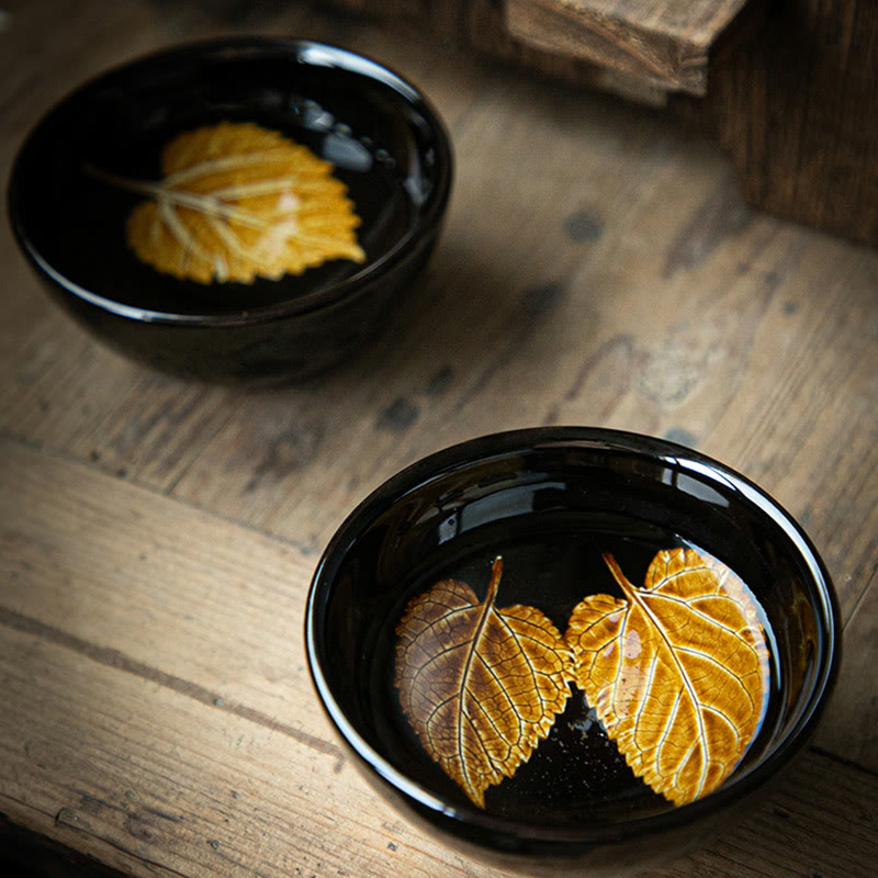 Goldene Ahornblatt-Teetasse aus Keramik von Jian Zhan Tenmoku, 120 ml