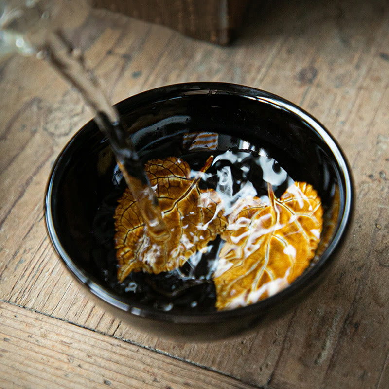 Goldene Ahornblatt-Teetasse aus Keramik von Jian Zhan Tenmoku, 120 ml