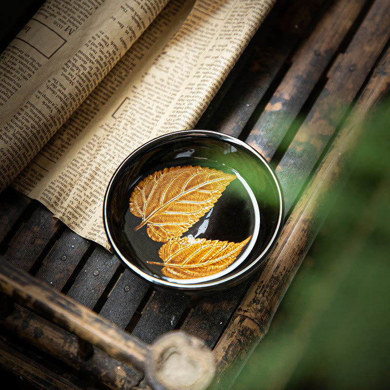 Goldene Ahornblatt-Teetasse aus Keramik von Jian Zhan Tenmoku, 120 ml