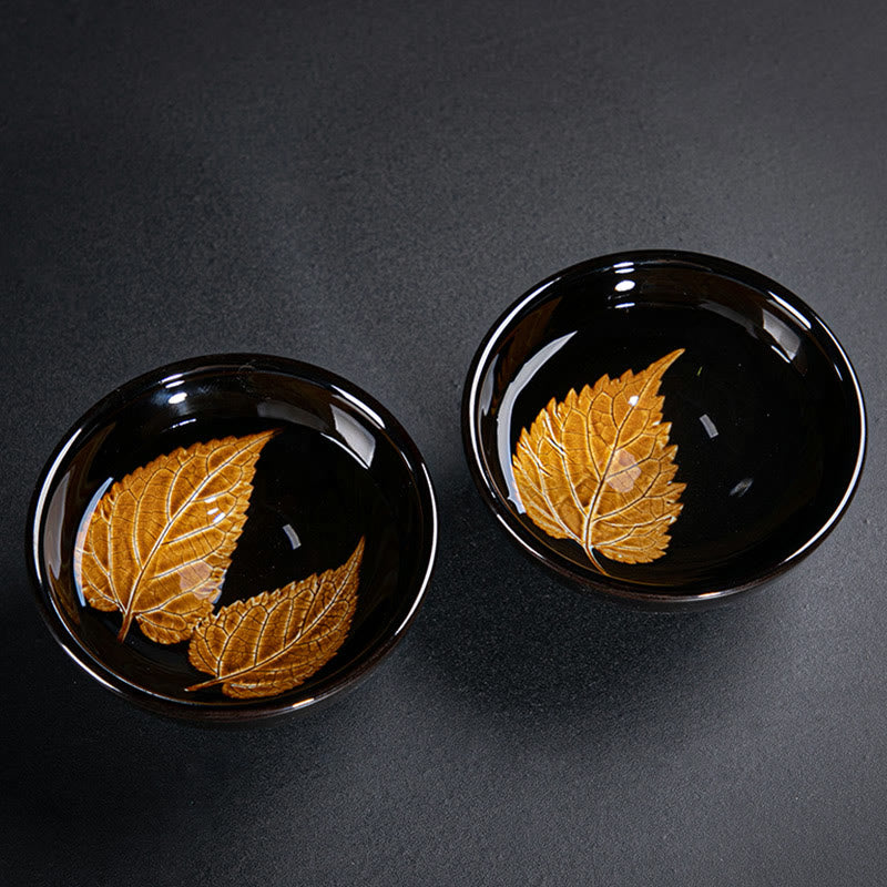 Goldene Ahornblatt-Teetasse aus Keramik von Jian Zhan Tenmoku, 120 ml