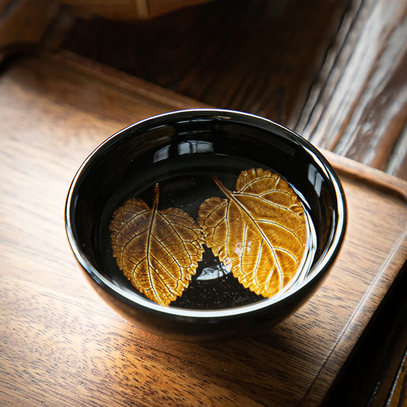 Goldene Ahornblatt-Teetasse aus Keramik von Jian Zhan Tenmoku, 120 ml