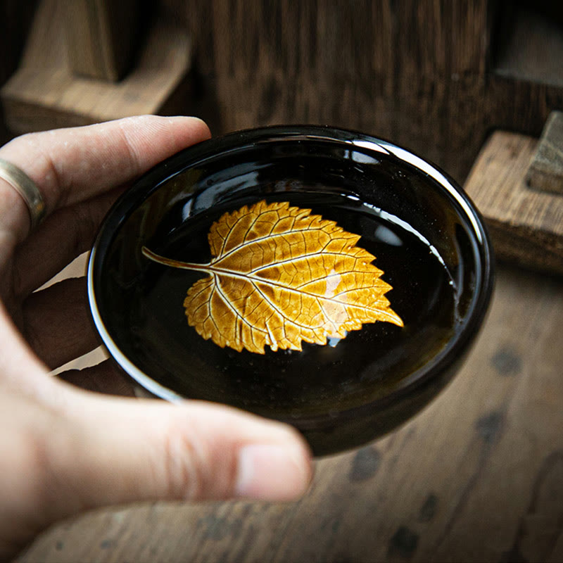 Goldene Ahornblatt-Teetasse aus Keramik von Jian Zhan Tenmoku, 120 ml