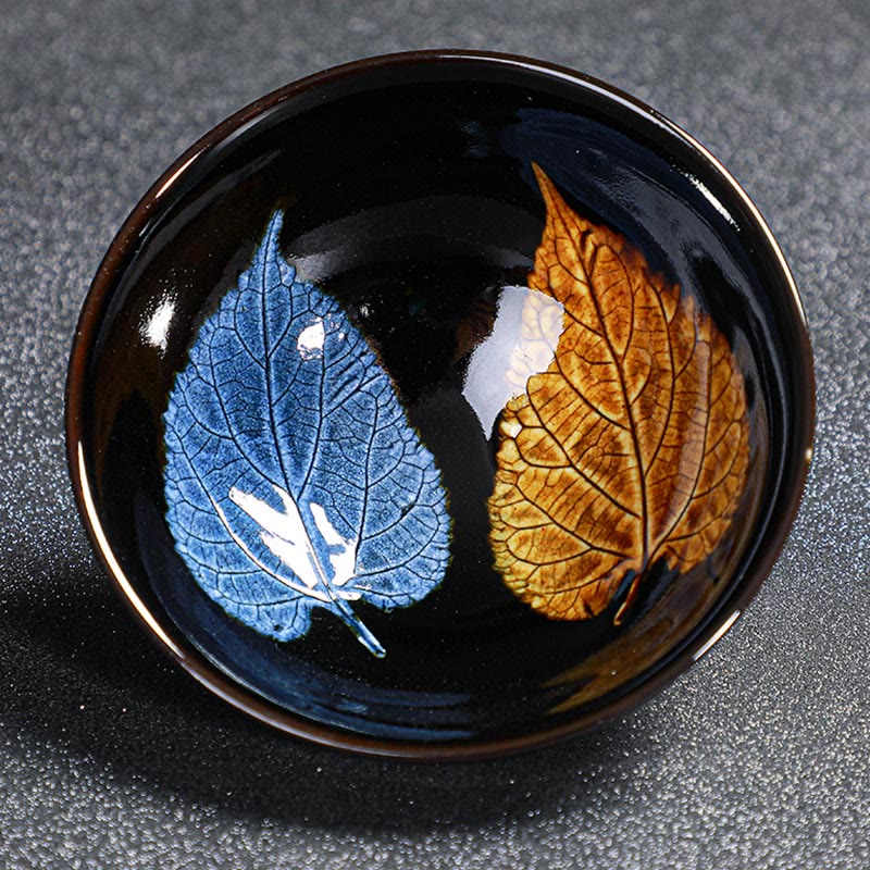 Goldene Ahornblatt-Teetasse aus Keramik von Jian Zhan Tenmoku, 120 ml