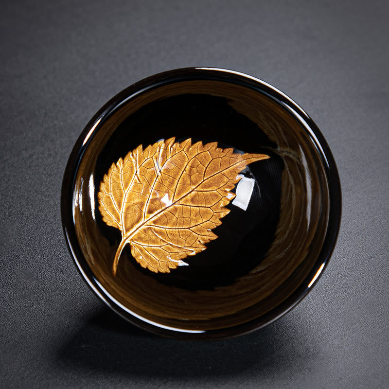 Goldene Ahornblatt-Teetasse aus Keramik von Jian Zhan Tenmoku, 120 ml