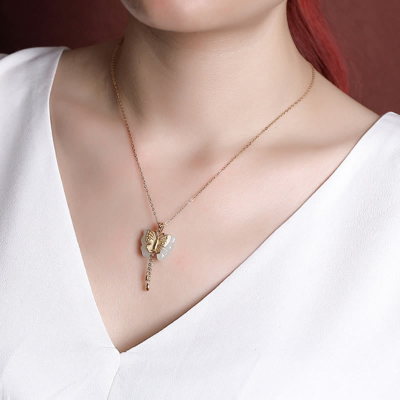Vergoldeter Hetian-Weiß-Jade-Schmetterlings-Segen-Halskettenanhänger