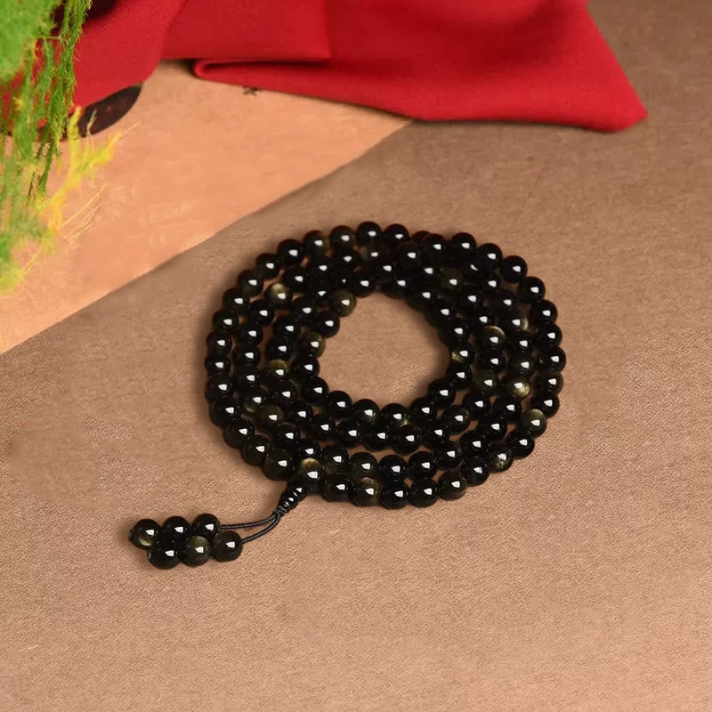 Goldschimmerndes Obsidian-Reichtums-Mala-Armband mit 108 Perlen