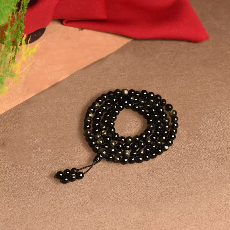 Goldschimmerndes Obsidian-Reichtums-Mala-Armband mit 108 Perlen