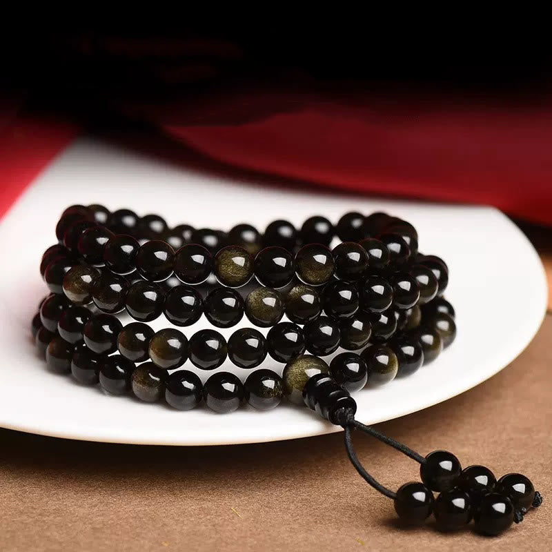 Goldschimmerndes Obsidian-Reichtums-Mala-Armband mit 108 Perlen