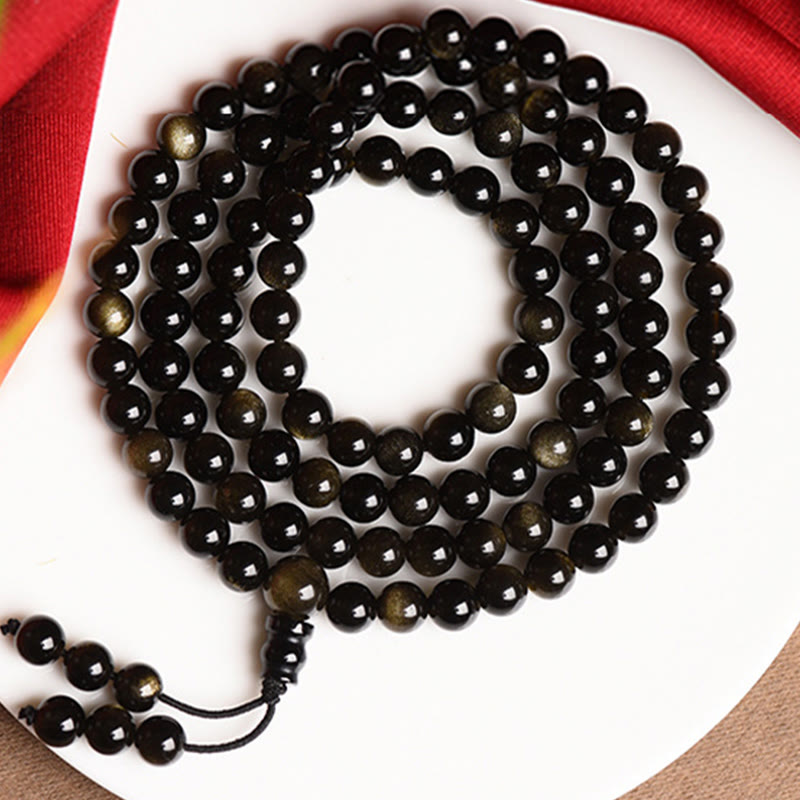 Goldschimmerndes Obsidian-Reichtums-Mala-Armband mit 108 Perlen